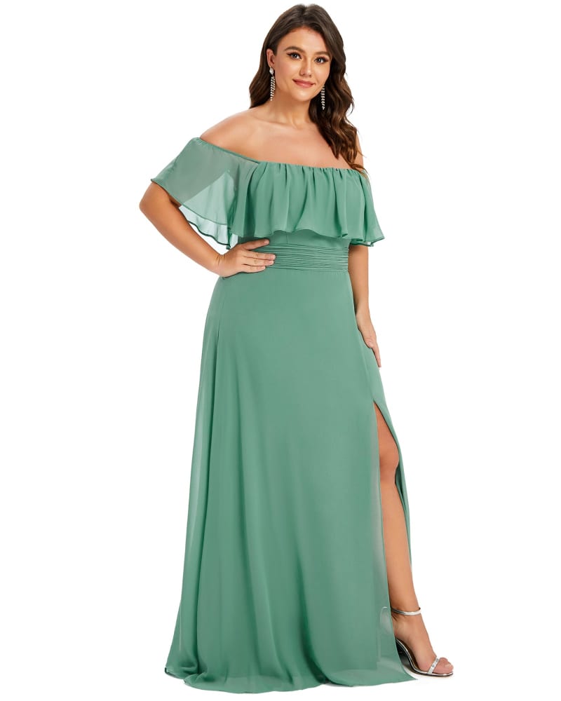 Side of a model wearing a size 16 Women's Off Shoulder Ruffle Thigh Slit Bridesmaid Dresses in Green Bean by Ever-Pretty. | dia_product_style_image_id:324944